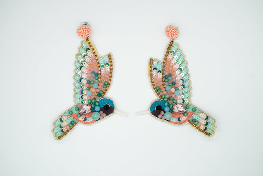 Pastel Birdy Stud Earrings with Threadwork and Shimmering Sequins